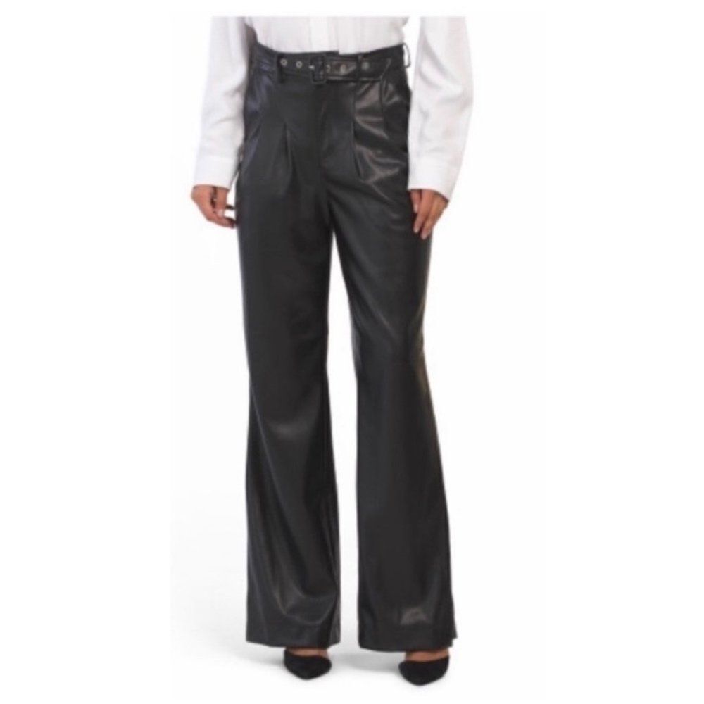 7 For All Mankind Black Vegan Faux Leather Belted Wide Leg Pants Small New